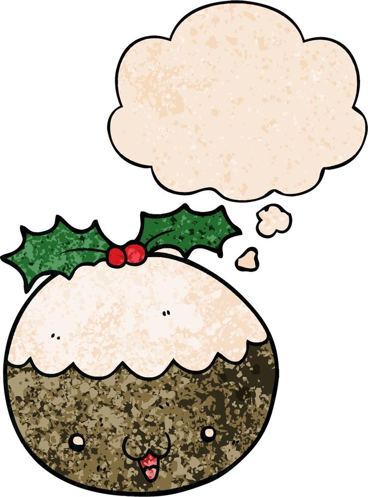 cute cartoon christmas pudding and thought bubble in grunge texture pattern style vector