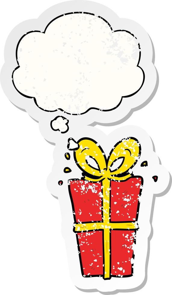 cartoon wrapped gift and thought bubble as a distressed worn sticker vector