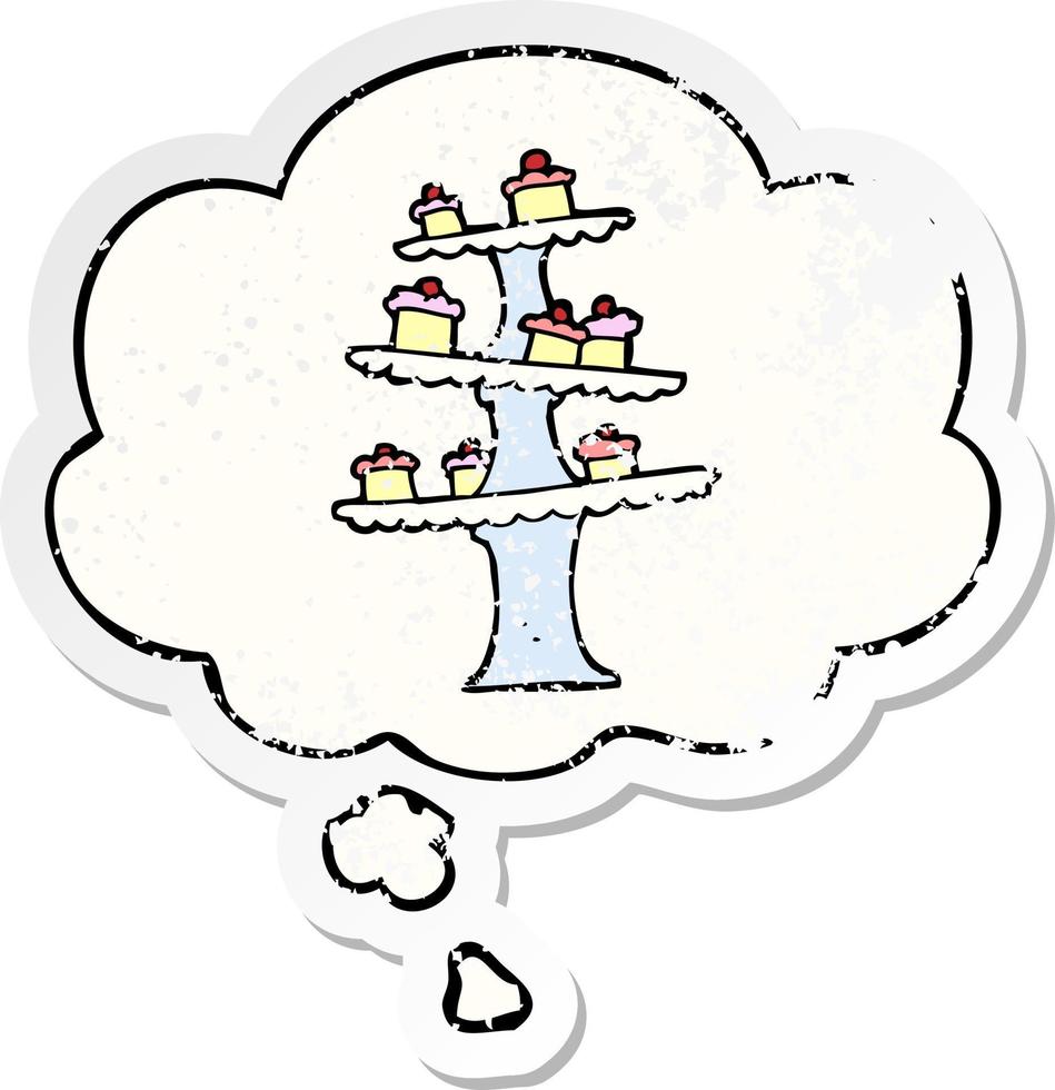 cartoon cake stand and thought bubble as a distressed worn sticker vector