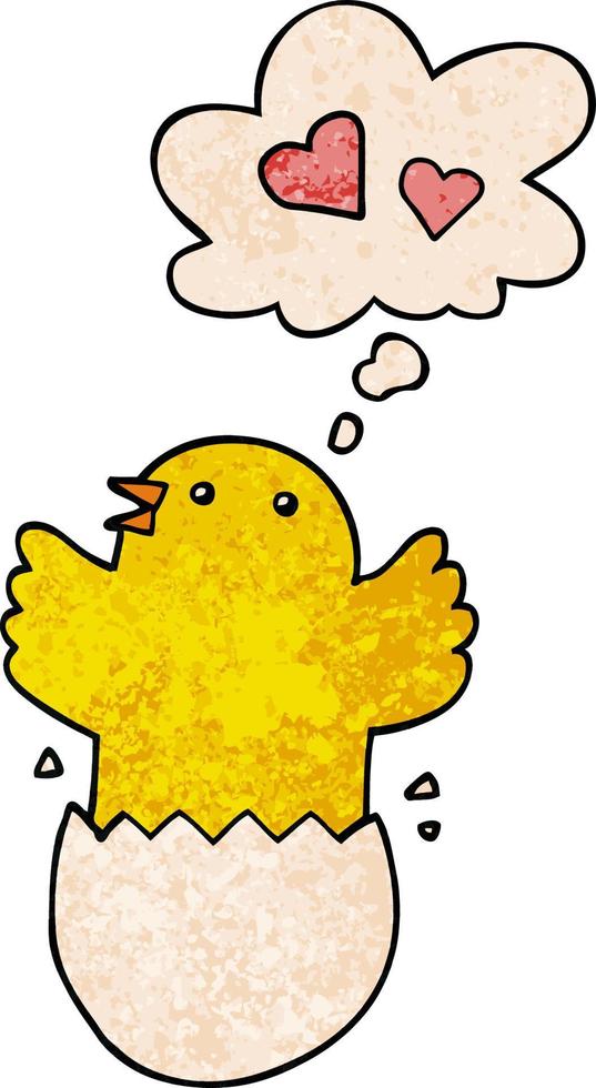 cute hatching chick cartoon and thought bubble in grunge texture pattern style vector