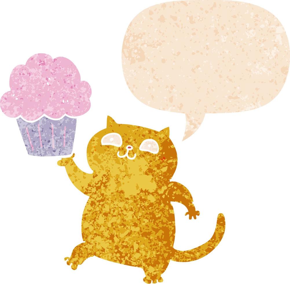 gato de dibujos animados con cupcake y burbuja de habla en estilo retro texturizado vector