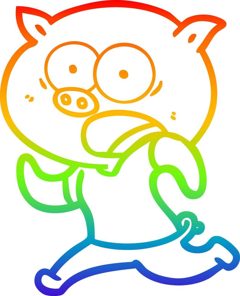 rainbow gradient line drawing cartoon pig running away vector
