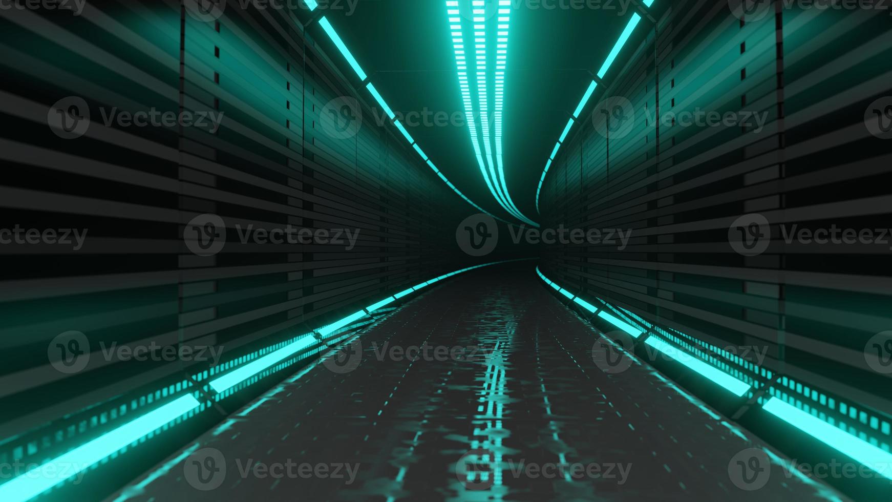 Futuristic cosmic hallway with green laser lights - perfect for sci-fi wallpapers. Sci fi passage with colorful lights. 3D illustration photo