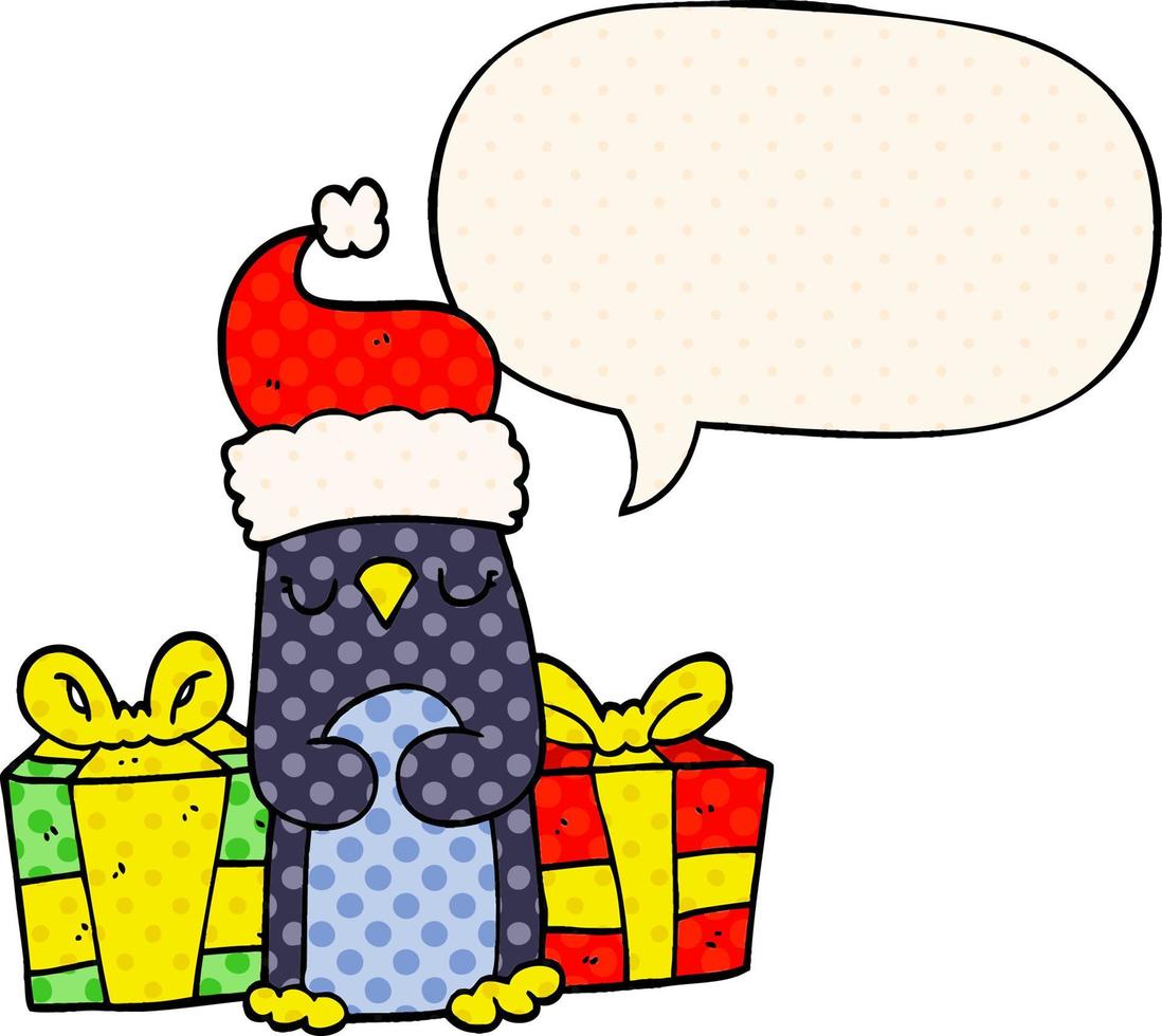 cute christmas penguin and speech bubble in comic book style vector