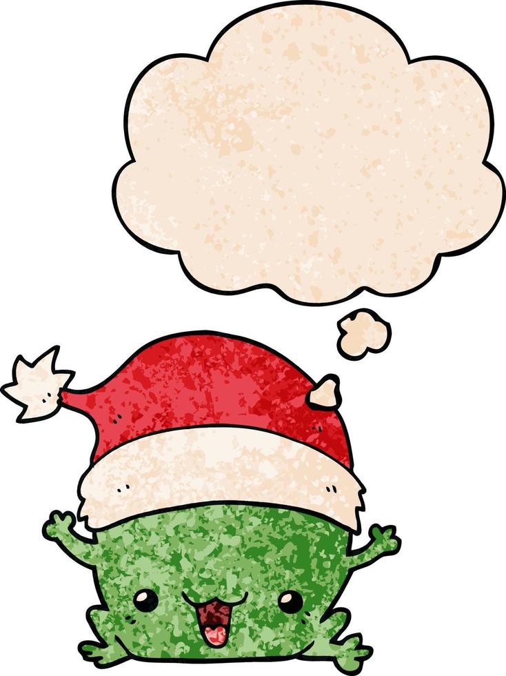 cute cartoon christmas frog and thought bubble in grunge texture pattern style vector