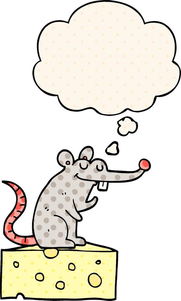 cartoon mouse sitting on cheese and thought bubble in comic book style vector