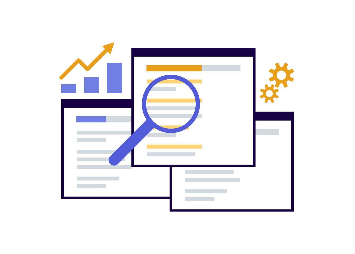 Search engine optimization, SEO optimization, analytics and advertising concept. Search screen with magnifier. Sign SEO top ranking for web. Vector illustration