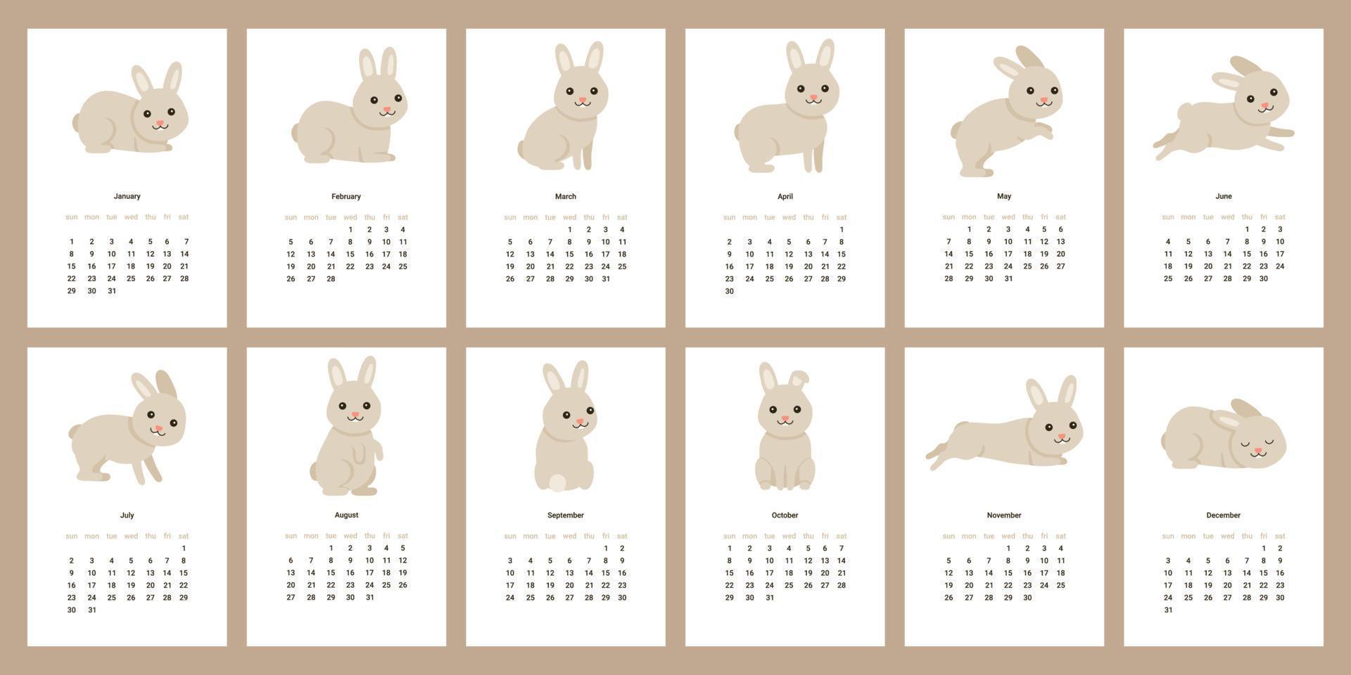calendario 2023 con lindo conejo. Calendario de páginas verticales de 12 meses símbolo de mascota de personaje de liebre año. lindo conejito 2023 al calendario chino. ilustración vectorial vector