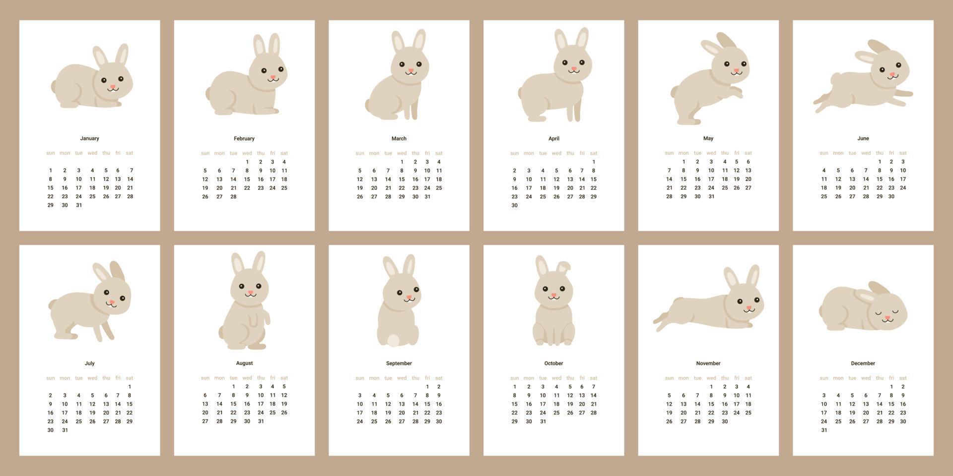 calendario 2023 con lindo conejo. Calendario de páginas verticales de 12  meses símbolo de mascota de personaje de liebre año. lindo conejito 2023 al  calendario chino. ilustración vectorial 8568191 Vector en Vecteezy