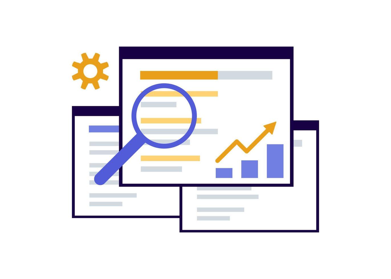 Search engine optimization, SEO optimization, analytics and advertising concept. Search screen with magnifier. Sign SEO top ranking for web. Vector illustration