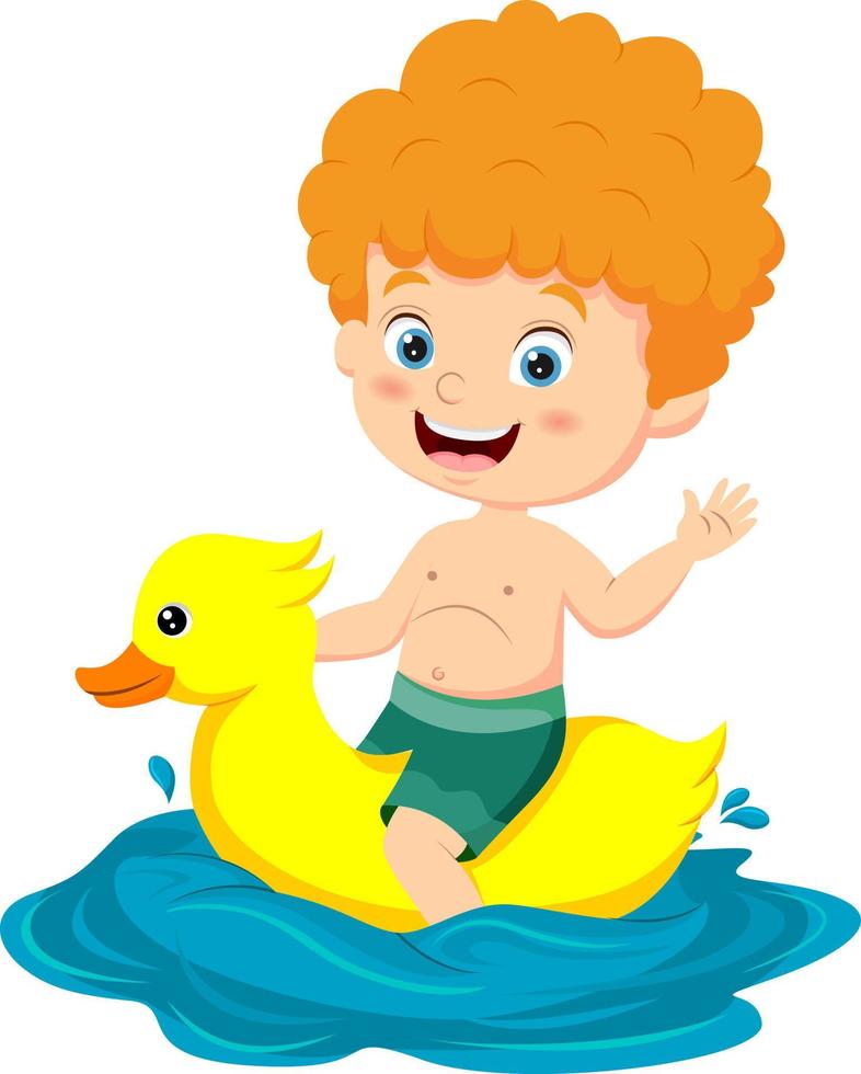 niño pequeño de dibujos animados con pato de goma inflable vector