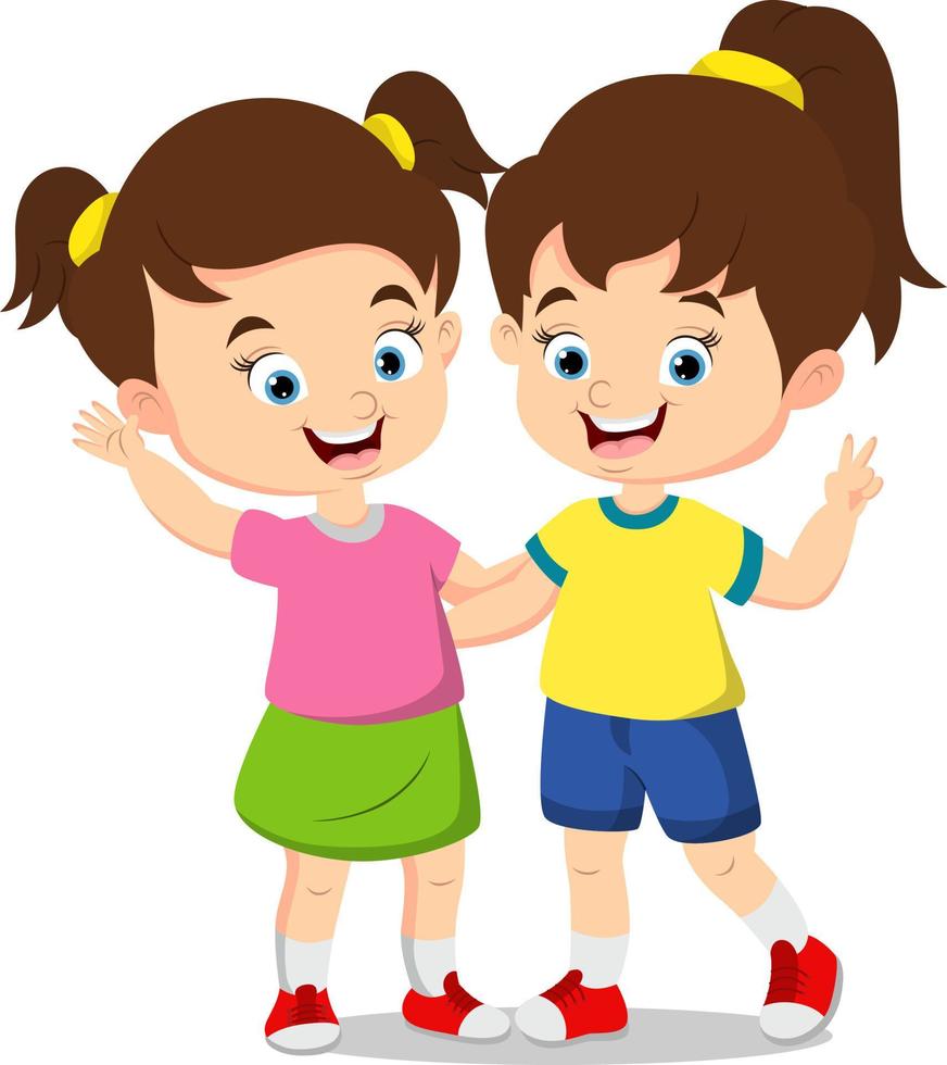 Happy two girls cartoon on white background vector