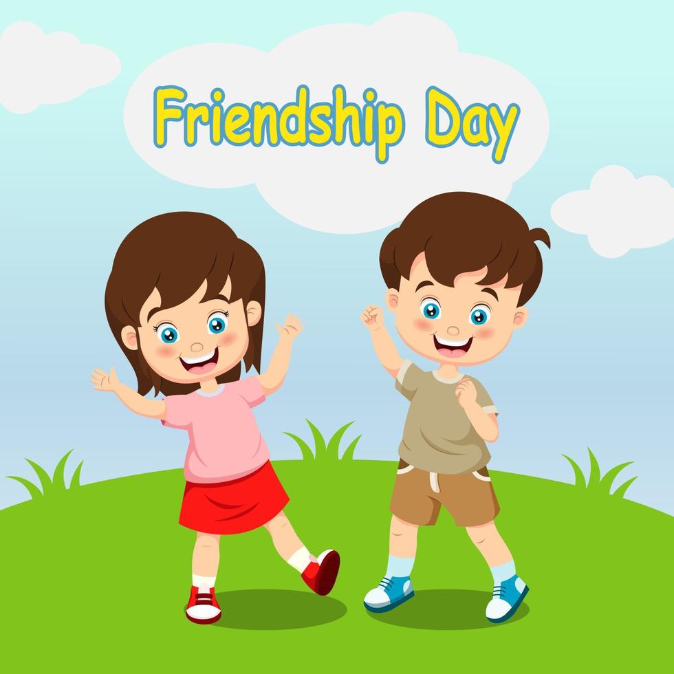 Happy Friendship Day. Cute children cartoon in the grass vector