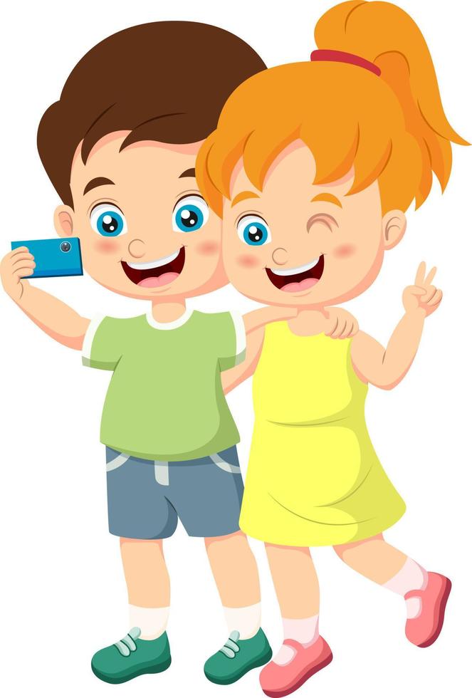 Cute little boy and girl take selfie vector