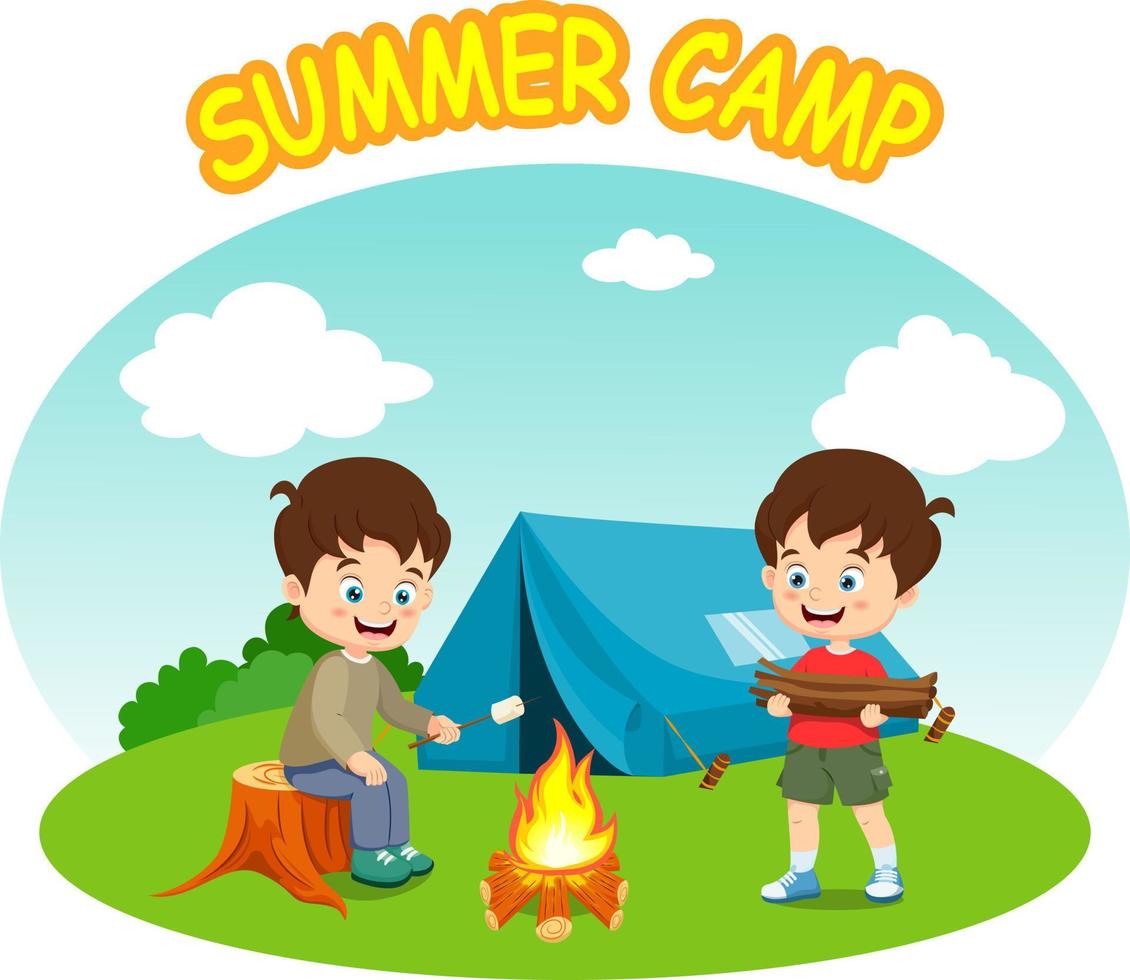 Group of kids roasting marshmallows over the bonfire in summer camp vector