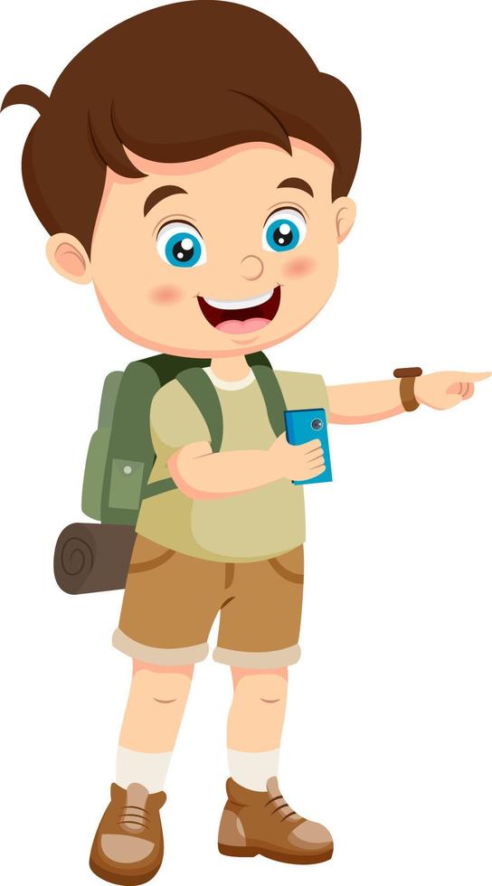 Cartoon boy explorer taking a photo vector