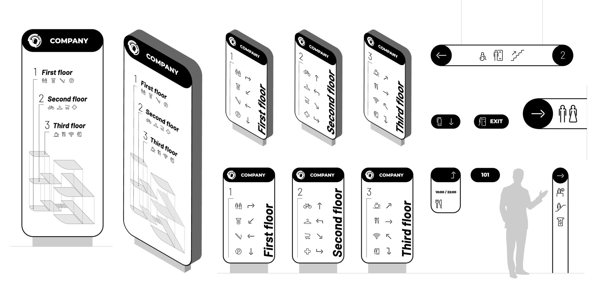 Wayfinding system signage mockup set. Exterior and interior way finding