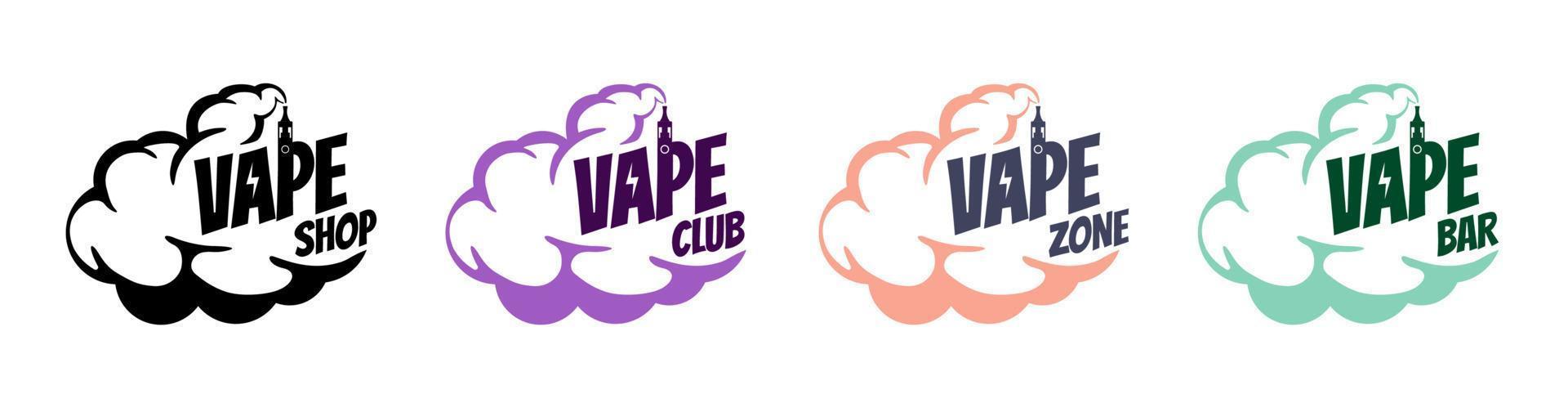 conjunto de logotipos de estilo cómico vintage de vape shop. nube de humo de vaporizador de dibujos animados hipster con letras. logotipo de tienda de cigarrillos electrónicos. plantilla de diseño de eps vectoriales de insignia de vendedor de vapeo de cigarrillos electrónicos vector