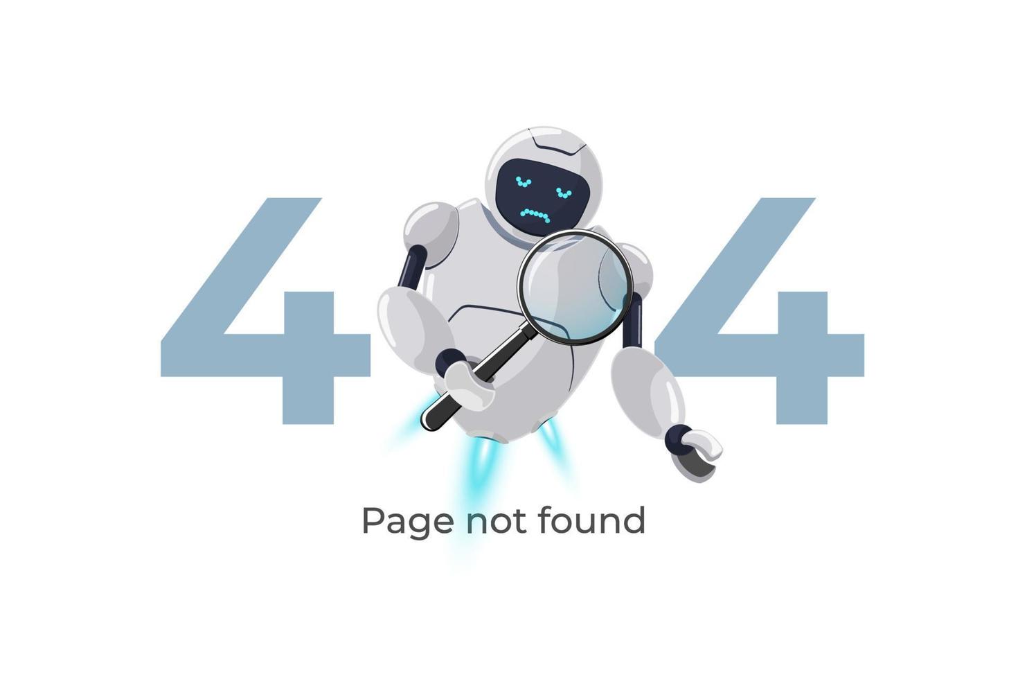 página del sitio web no encontrada error 404. personaje robot con lupa en la mano. bloqueo del sitio en la plantilla de diseño web de trabajo técnico con mascota de chatbot. falla de asistencia de bot en línea de dibujos animados. pasos vectoriales vector