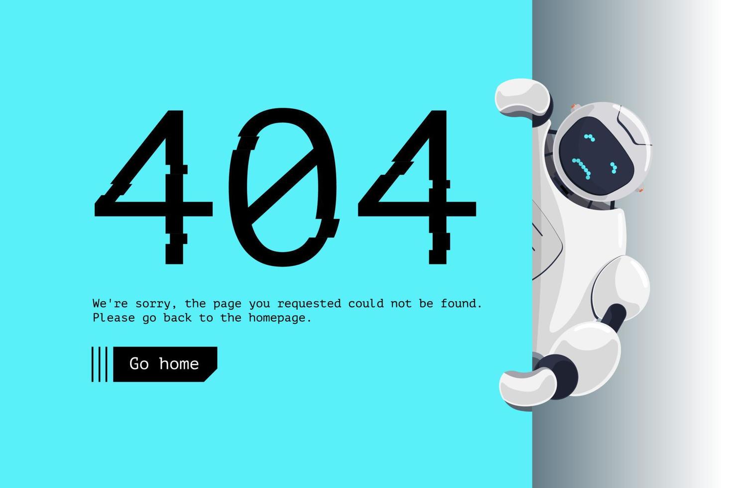 Website page not found. Wrong URL address error 404. Sad robot character holding blue board. Site crash on technical work web design template with chatbot mascot. Vector cartoon bot assistance failure