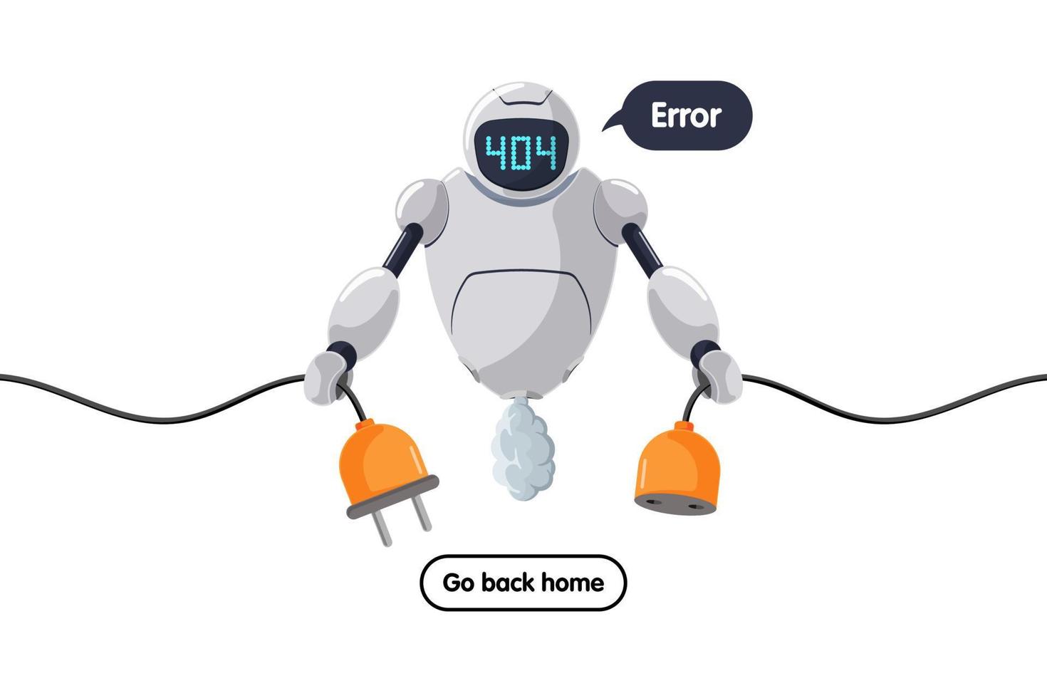 Website page not found. Wrong URL address error 404. Broken robot character keeps socket off. Site crash on technical work. Web design template with chatbot mascot. Online bot assistance failure. Eps vector