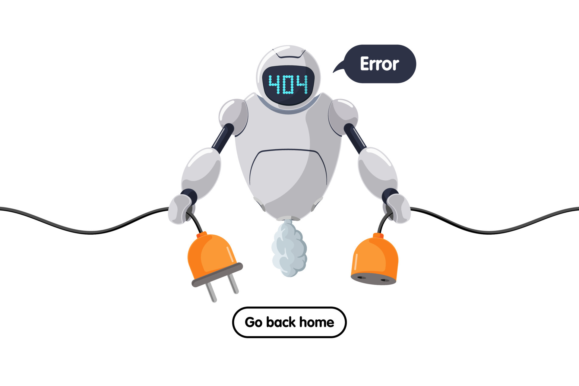 Website page not found. Wrong URL address 404. Broken robot character keeps socket off. Site crash on technical work. Web design with chatbot mascot. Online bot assistance failure. Eps 8568884