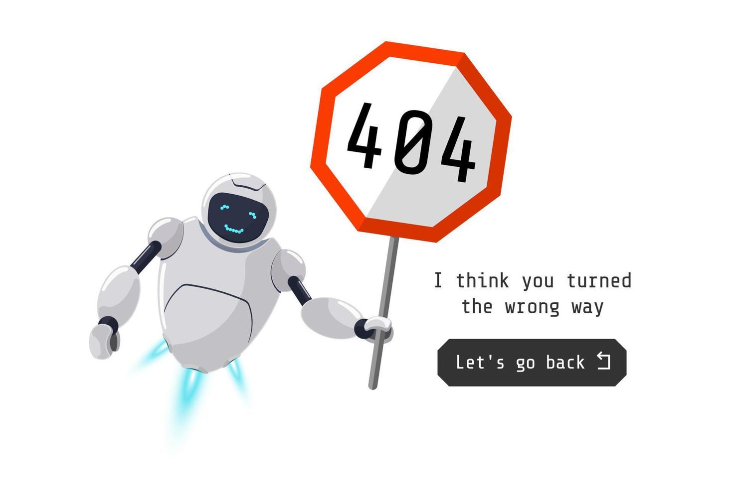 Website page not found. Wrong URL address error 404. Smiling robot character holding red road sign. Site crash on technical work. Web design template with chatbot mascot. Online bot assistance failure vector