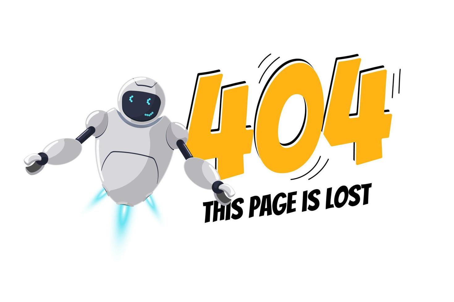 Website page not found. Wrong URL address error 404. Cartoon worried robot character. Site crash on technical work. Web design template with chatbot mascot and comic style text. Vector illustration