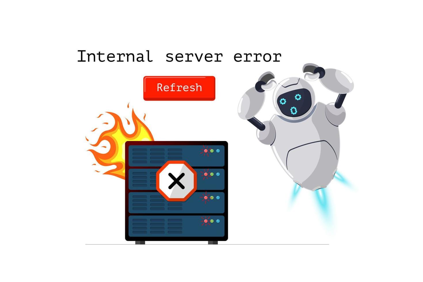 página del sitio web de error del servidor interno. Código de estado http 500. Fallo de conexión a Internet con banner de personaje de robot preocupado. mascota de chatbot en la plantilla de diseño web. https fallan vector eps concepto