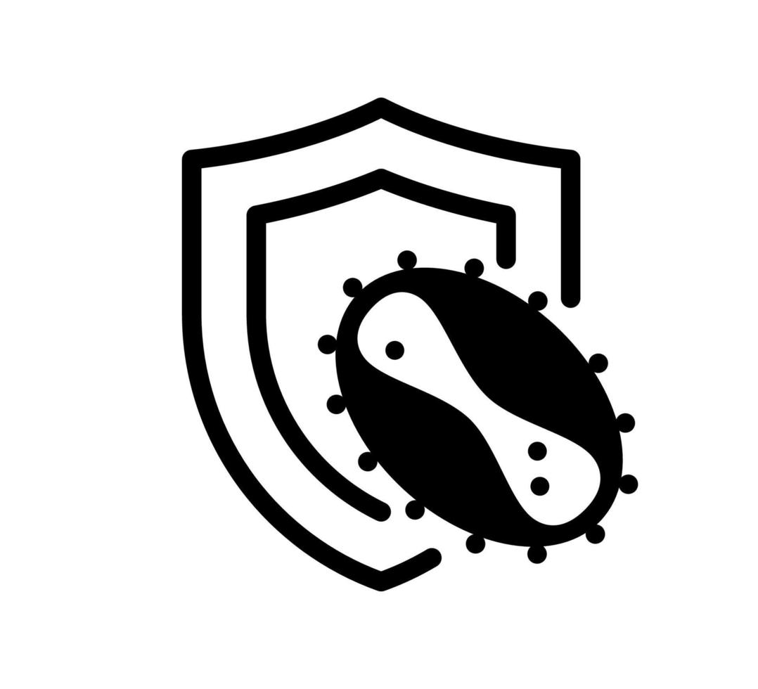 Immune system concept. Hygienic medical black shield protecting from monkeypox virus icon. Human monkey pox bacteria cell infection immunity sign. MPV MPVX defense symbol vector isolated illustration