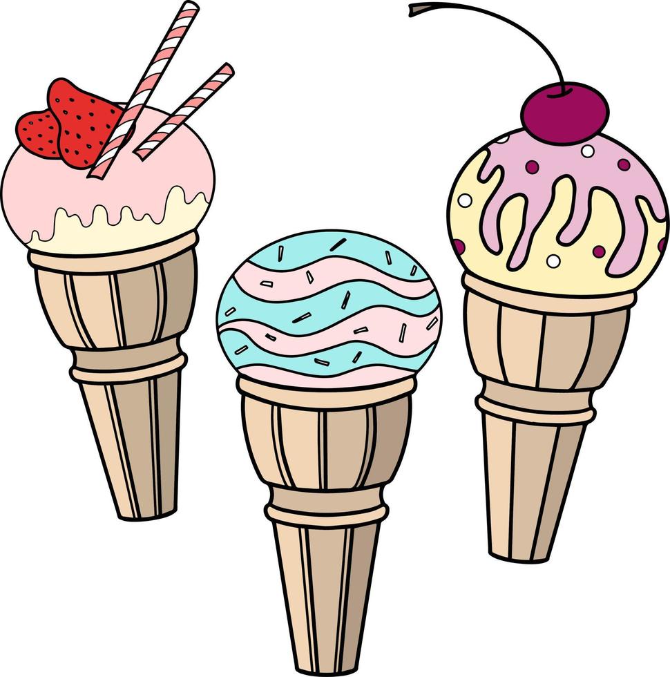 A set of vector illustrations, sweet cold dessert, fruit ice cream, color drawing on a transparent background