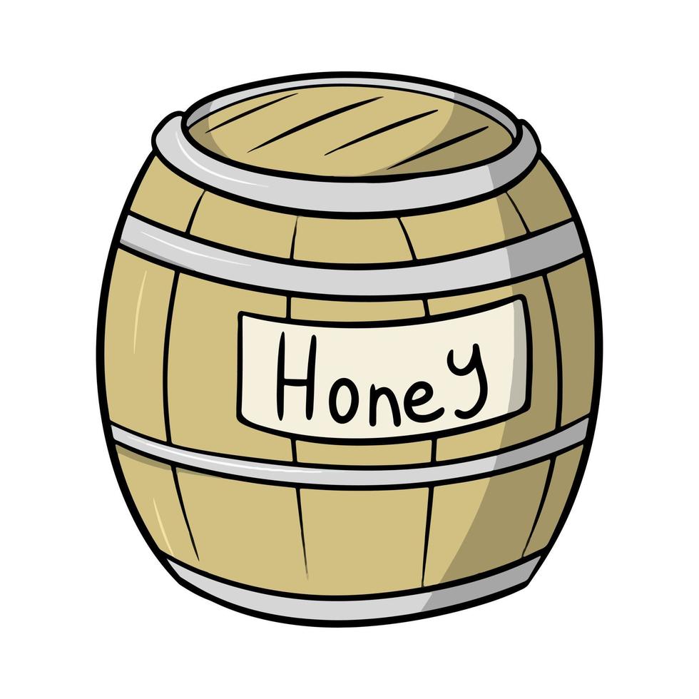 Wooden large honey barrel, honey image, vector illustration in cartoon style on a white background