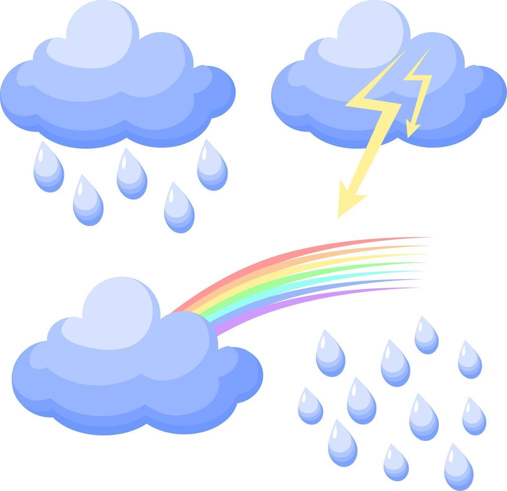 ilustración vectorial un conjunto de íconos que indican el clima, las nubes, la lluvia, la tormenta, el arco iris en un fondo transparente vector