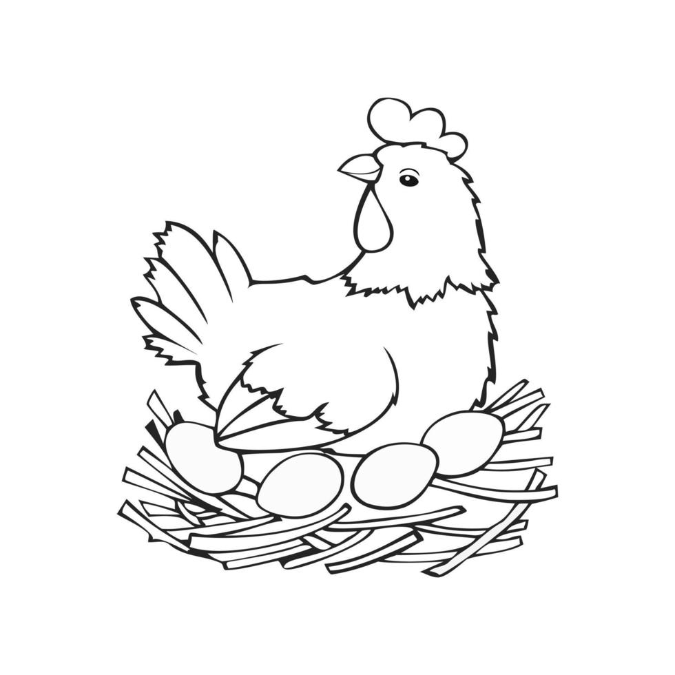 un pollo está sentado en un nido y huevos para incubar, imagen monocromática, ilustración vectorial en un fondo blanco vector