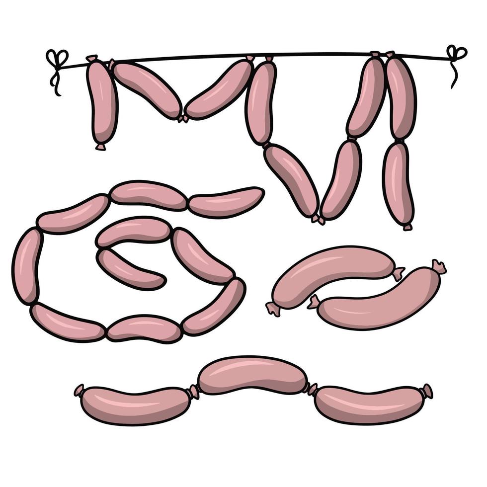 A set of pictures, various delicious pink sausages, vector illustration in cartoon style on a white background