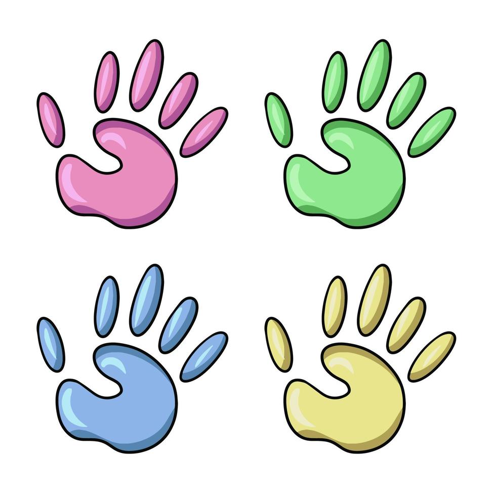 conjunto de palmas multicolores, huellas de manos, tonos pastel, ilustración vectorial en estilo de dibujos animados sobre un fondo blanco vector