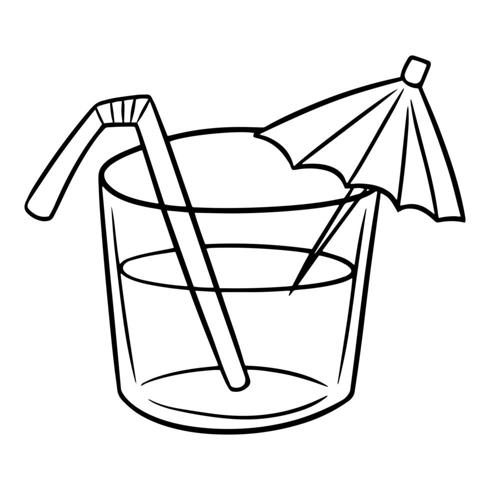 Monochrome picture, Straight glass glass with juice, Elite drink decorated with umbrellas and tubes, summer drinks, vector illustration in cartoon style on a white background