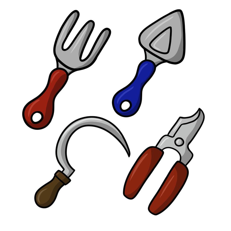 A set of color pictures, a garden tool for pruning plants, for caring for plants, a vector illustration in cartoon style on a white background