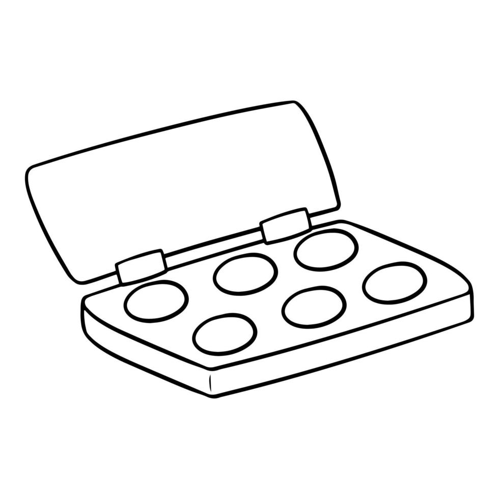 Monochrome picture, Square box with watercolor paints, return to school, drawing tools, makeup, vector cartoon illustration on a white background