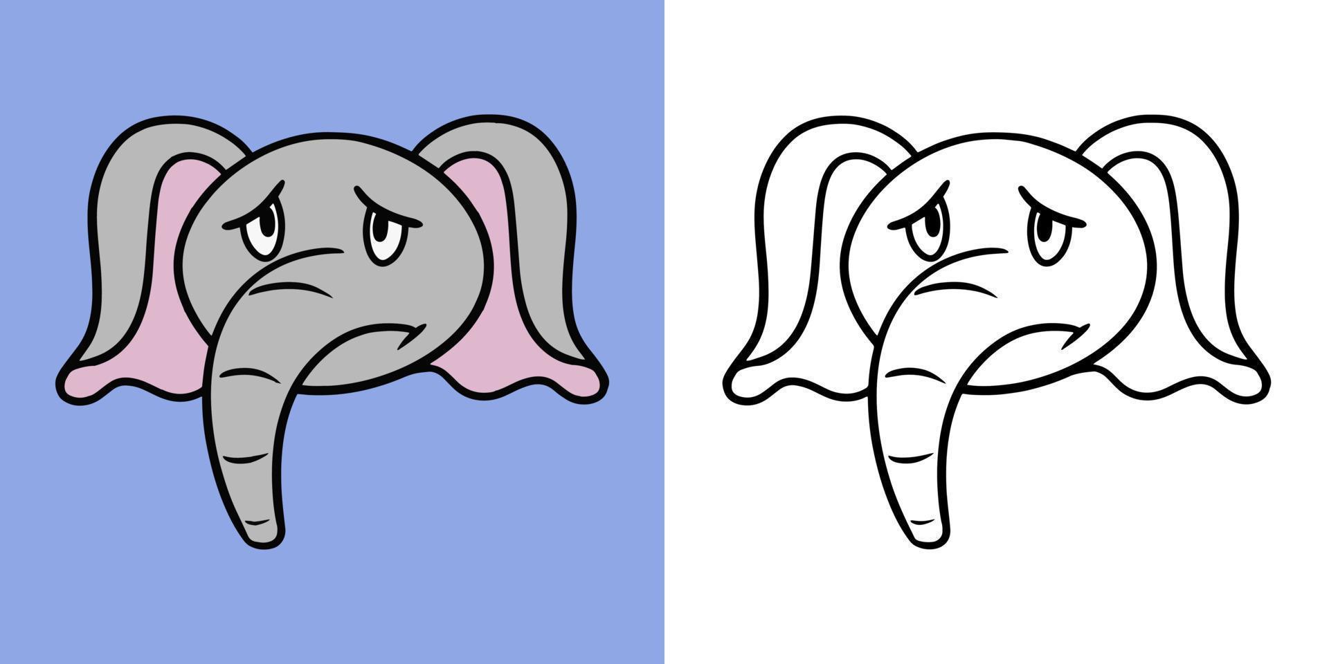 Horizontal illustration for coloring book, sad little elephant, elephant emotions, elephant offended, vector illustration in cartoon style