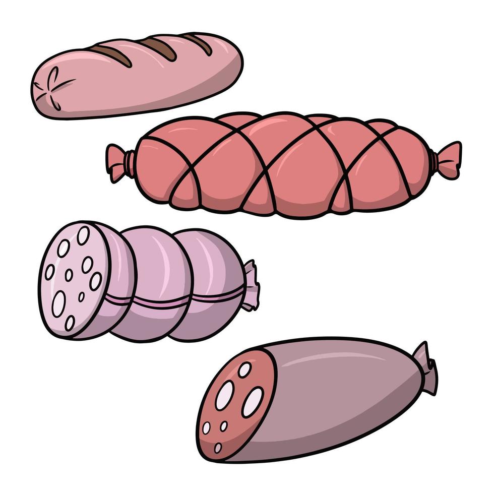 A set of pictures, delicious pink boiled sausage with bacon slices, vector cartoon illustration on a white background