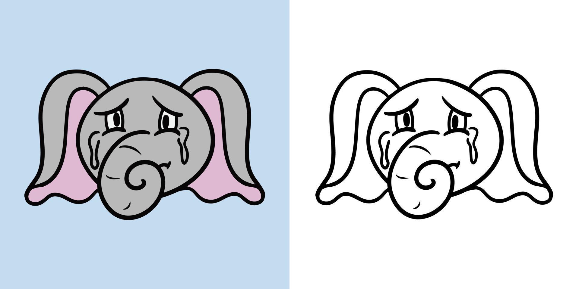 Horizontal illustration for coloring book, sad little elephant crying, elephant emotions, offended elephant, vector illustration in cartoon style