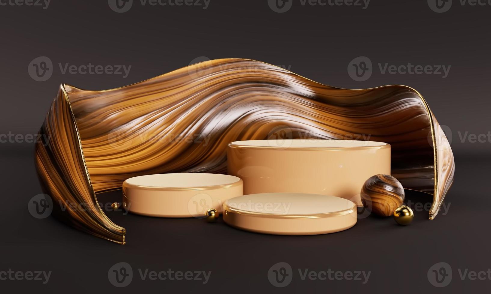 3D rendering. Product placement mockup, 3d background with black, brown  and gold abstract empty space podium display for product promotion, fashion industry, object display, cosmetic showcase. photo