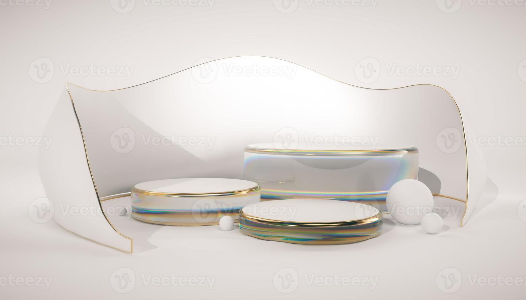 3D rendering. Product placement mockup, 3d background with white and gold abstract empty space podium display for product promotion, fashion industry, object display, cosmetic showcase. photo