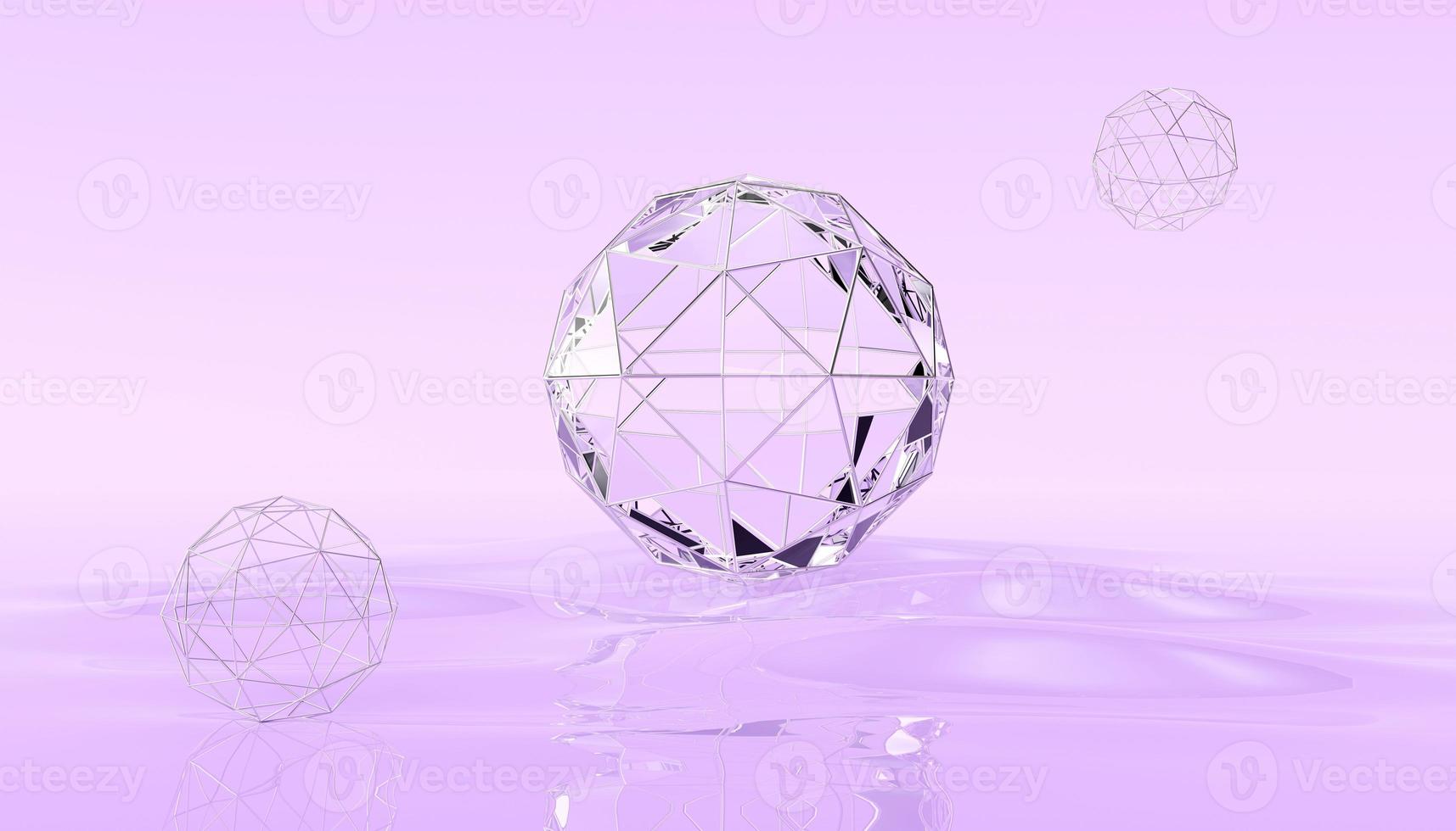3d renderizar fondo violeta abstracto, hermosa superficie de agua. esfera transparente de vidrio con caras plateadas sobre líquido. elemento de diseño para fondo de banner, papel tapiz. foto