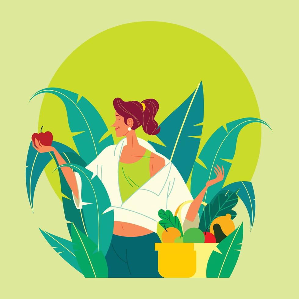 una niña cosechando en el jardín verde vector
