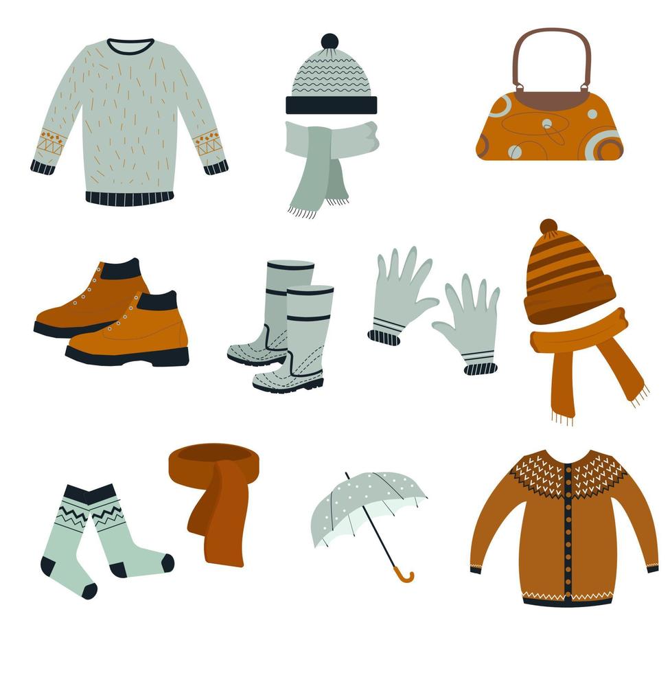 set of autumn clothes in autumn-winter colors vector