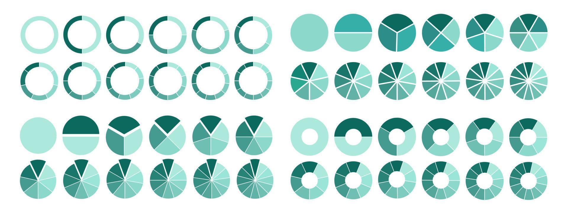 conjunto de círculos segmentados aislado sobre fondo blanco. un número diferente de sectores divide el círculo en partes iguales. vector