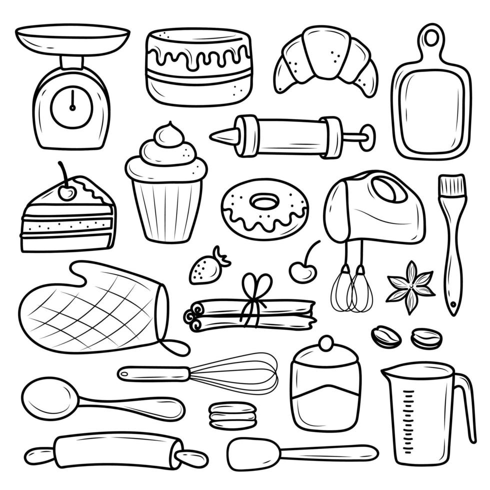 Hand drawn set of baking and cooking elements, vector