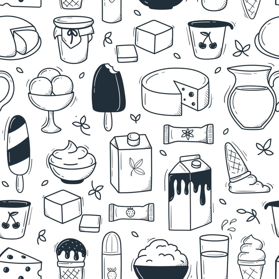 patrón de productos lácteos estilo doodle dibujado a mano vector